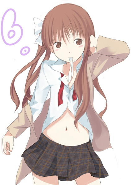 shirai kuroko, toaru kagaku no railgun, toaru majutsu no index, 00s, 1girl, brown eyes, brown hair, coat, dressing, female focus, hair ribbon, midriff, mouth hold, ribbon, school uniform, simple background, solo