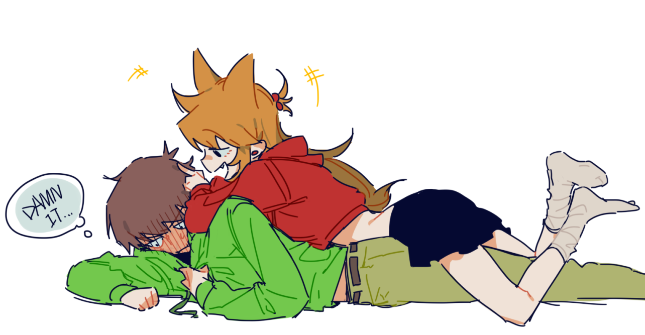 edd (eddsworld), eddsworld, chinese commentary, commentary request, +++, 1boy, 1girl, :d, :i, ankle socks, antenna hair, belt, black eyes, black skirt, blush, brown belt, brown hair, closed mouth, crop top, cropped hoodie, drawstring, earrings, english text, fang, feet out of frame, full-face blush, full body, girl on top, green hoodie, green pants, hair between eyes, hair bobbles, hair horns, hair ornament, hand on another's head, hand on own chest, hetero, high ponytail, hood, hood down, hoodie, index finger raised, jewelry, knees apart feet together, long hair, long sleeves, looking at another, lying, midriff, miniskirt, no shoes, on stomach, open mouth, pants, pleated skirt, ponytail, puffy long sleeves, puffy sleeves, red hoodie, short hair, simple background, skirt, smile, socks, speech bubble, stud earrings, sweat, swept bangs, thought bubble, tord (eddsworld), tori (eddsworld), v-shaped eyebrows, very long hair, very short hair, white background, white socks, xic94