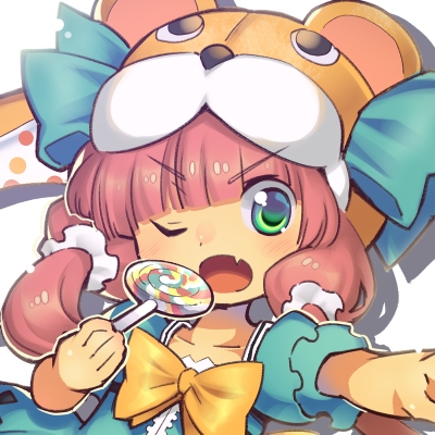 rakisuke, bear alma, emil chronicle online, lowres, 1girl, animal hood, bow, bowtie, candy, fang, food, green eyes, green jacket, green ribbon, hair bow, hat, hat ribbon, holding, holding candy, holding food, holding lollipop, hood, jacket, lollipop, low twintails, one eye closed, open mouth, portrait, ribbon, solo, twintails, v-shaped eyebrows, white background, white bow, yellow bow