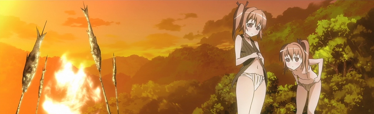 nanao ai, nanao ren, kanokon, anime screenshot, long image, non-web source, stitched, third-party edit, wide image, 00s, dressing, fire, flat chest, fundoshi, japanese clothes, no nose, ponytail, siblings, side ponytail, sunset, topless female, twins, undressing