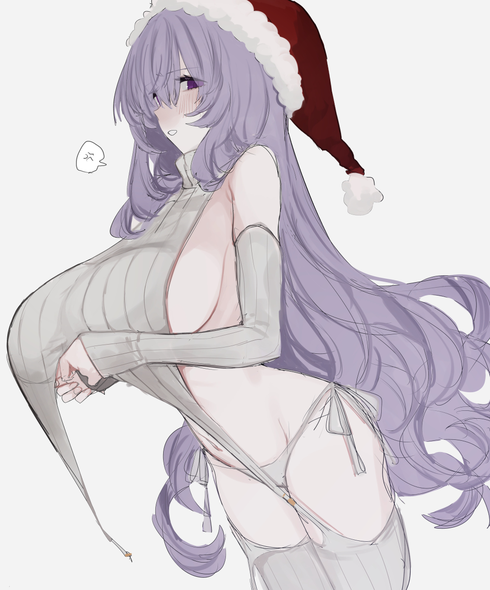 eurasia (wtp09ptw14), francoise (eurasia), original, commentary request, highres, 1girl, anger vein, bare shoulders, blush, breasts, cowboy shot, detached sleeves, fur-trimmed headwear, fur trim, garter straps, grey panties, grey sleeves, grey sweater, grey thighhighs, hair between eyes, hat, huge breasts, long hair, long sleeves, looking at viewer, panties, parted lips, purple eyes, purple hair, red hat, ribbed sweater, santa hat, sideboob, simple background, sketch, sleeves past wrists, solo, speech bubble, spoken anger vein, sweater, thighhighs, underwear, very long hair, virgin destroyer sweater, white background