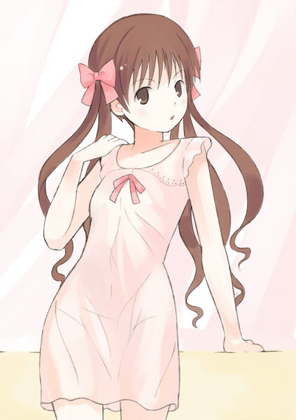 enoki p, shirai kuroko, toaru kagaku no railgun, toaru majutsu no index, 00s, 1girl, brown eyes, brown hair, female focus, hair ribbon, lingerie, nightgown, ribbon, solo, twintails, underwear