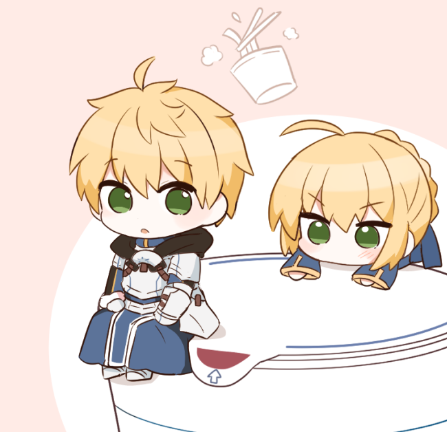 rabi (swordofthestone), arthur pendragon (fate), artoria pendragon (fate), saber (fate), fate/grand order, fate (series), 1boy, 1girl, ahoge, armor, armored boots, arrow (symbol), black hood, blonde hair, blue dress, blue ribbon, blue shirt, boots, braid, breastplate, chibi, chibi only, chopsticks, cup ramen, dress, faulds, food, full armor, full body, gauntlets, green eyes, hair between eyes, hair bun, hair ribbon, long sleeves, looking at another, looking down, no mouth, noodles, open mouth, pauldrons, pink background, ribbon, shirt, short hair, shoulder armor, sitting, two-tone background, v-shaped eyebrows, white armor, white background, wide sleeves