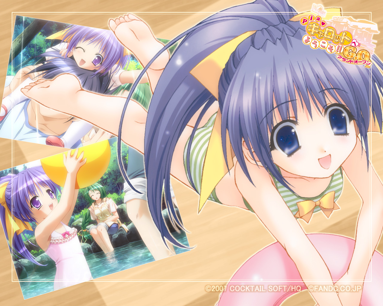 kimizuka aoi, yamana kaede, yamana tokiko, pia carrot (series), pia carrot e youkoso!!, pia carrot e youkoso!! g.o., non-web source, 1990s (style), 1boy, 2girls, age difference, ball, barefoot, beachball, bikini, blue eyes, blue hair, bow, braid, carrying, casual one-piece swimsuit, child, feet, green hair, hair ribbon, innertube, long hair, lying, mother and daughter, multiple girls, on stomach, one-piece swimsuit, one eye closed, open mouth, photo (object), ponytail, purple eyes, purple hair, retro artstyle, ribbon, shoulder carry, striped bikini, striped clothes, swim ring, swimsuit, tankini, very long hair, wading, water, wink
