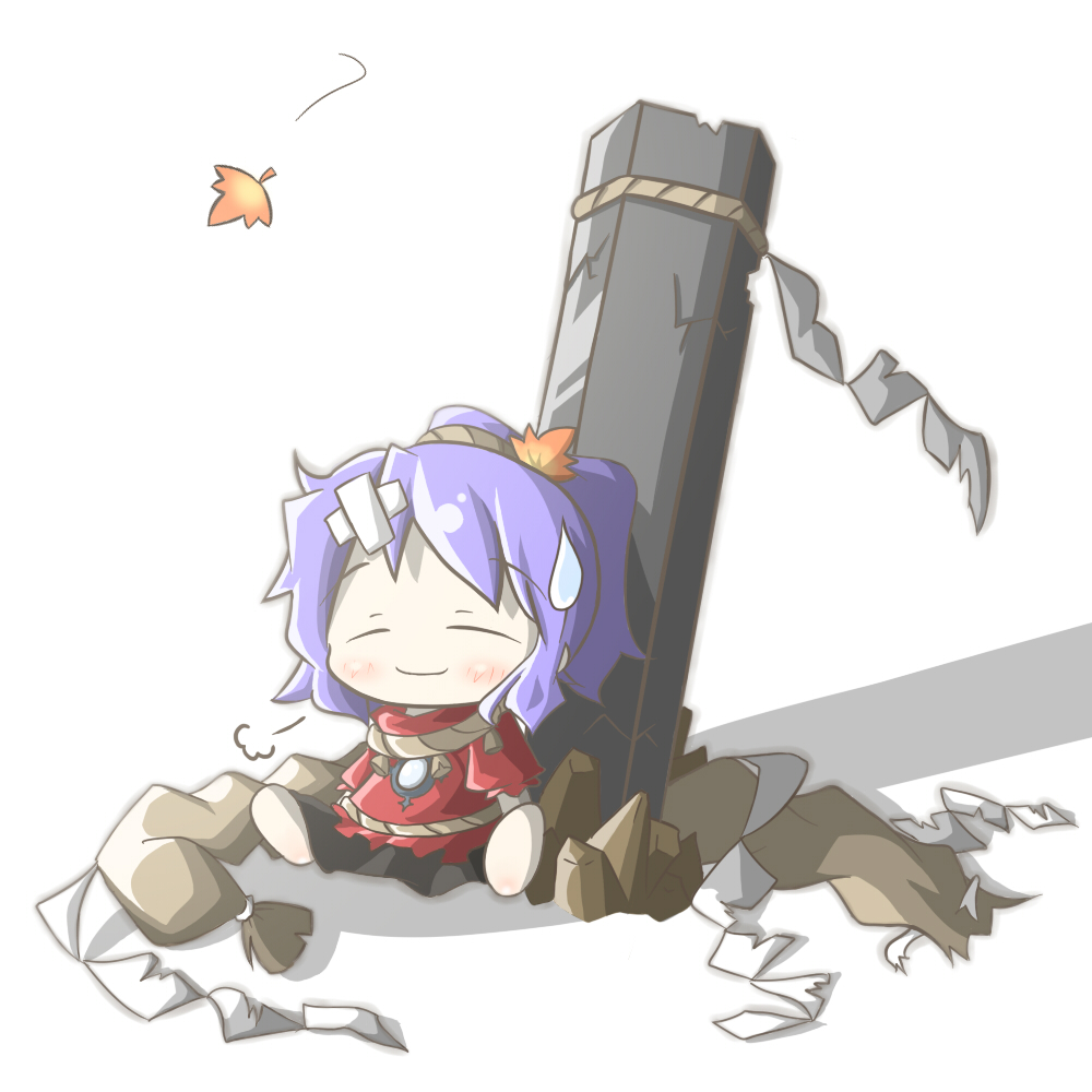 aoblue, yasaka kanako, touhou, 1girl, autumn leaves, bandages, chibi, female focus, leaf, onbashira, purple hair, rope, shimenawa, solo, sweatdrop