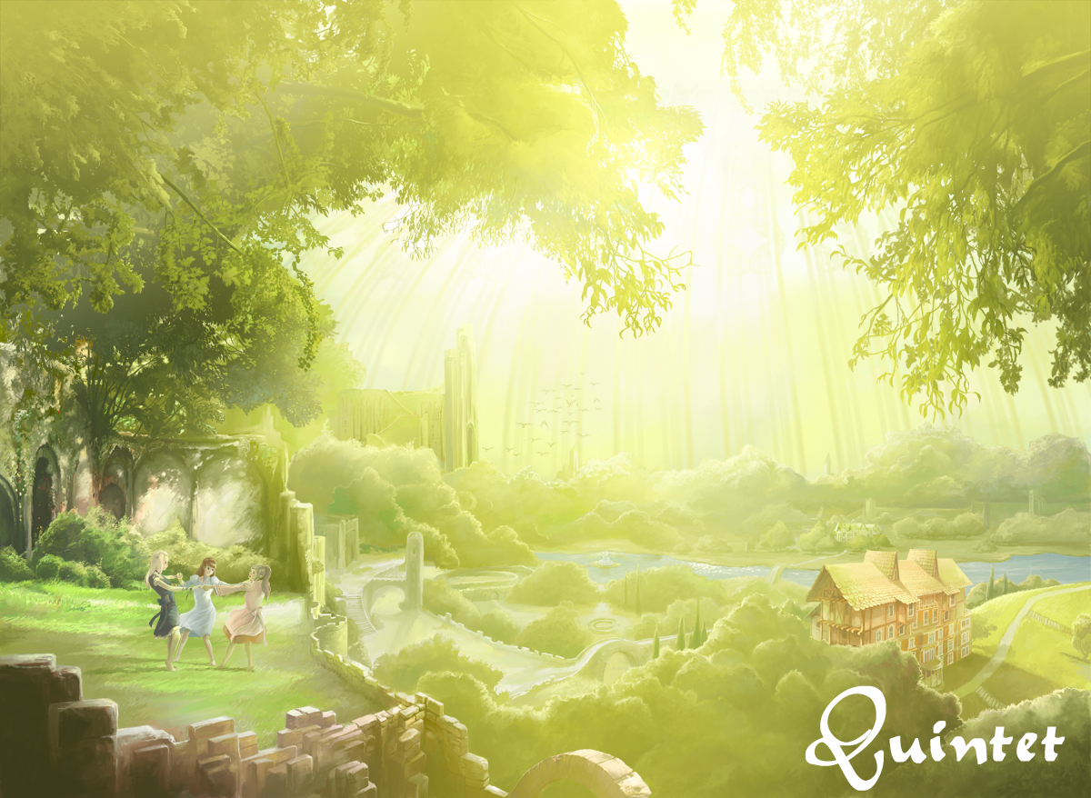 hiraoka masamune, original, 3girls, bird, blonde hair, brown hair, castle, dress, holding hands, long hair, multiple girls, nature, ruins, scenery