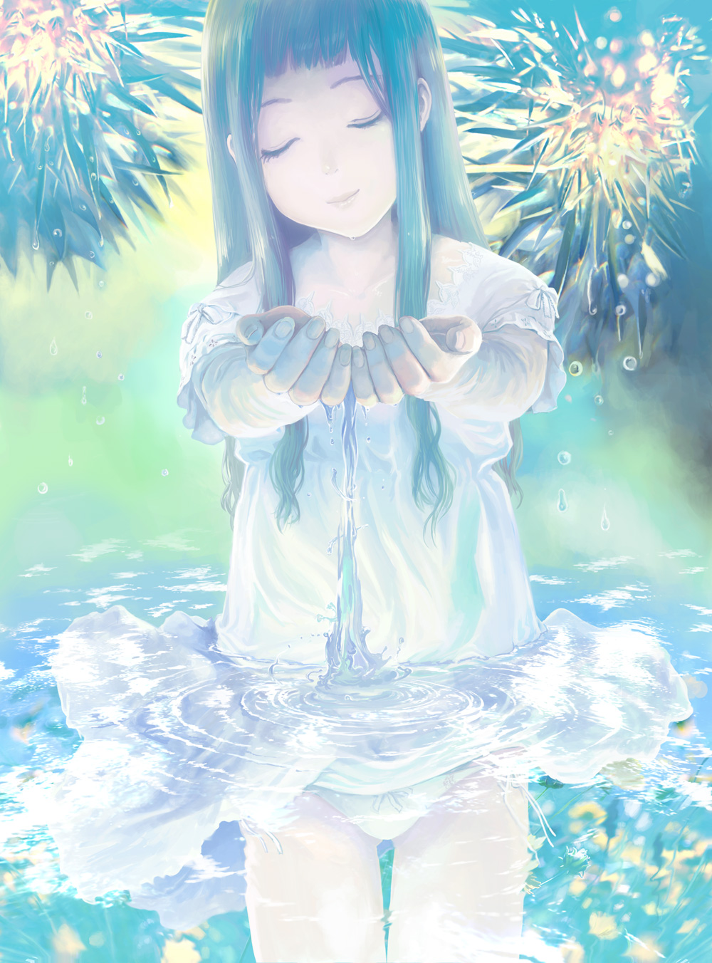 hiraoka masamune, original, highres, blue hair, closed eyes, dress, long hair, panties, solo, underwear, water, wet