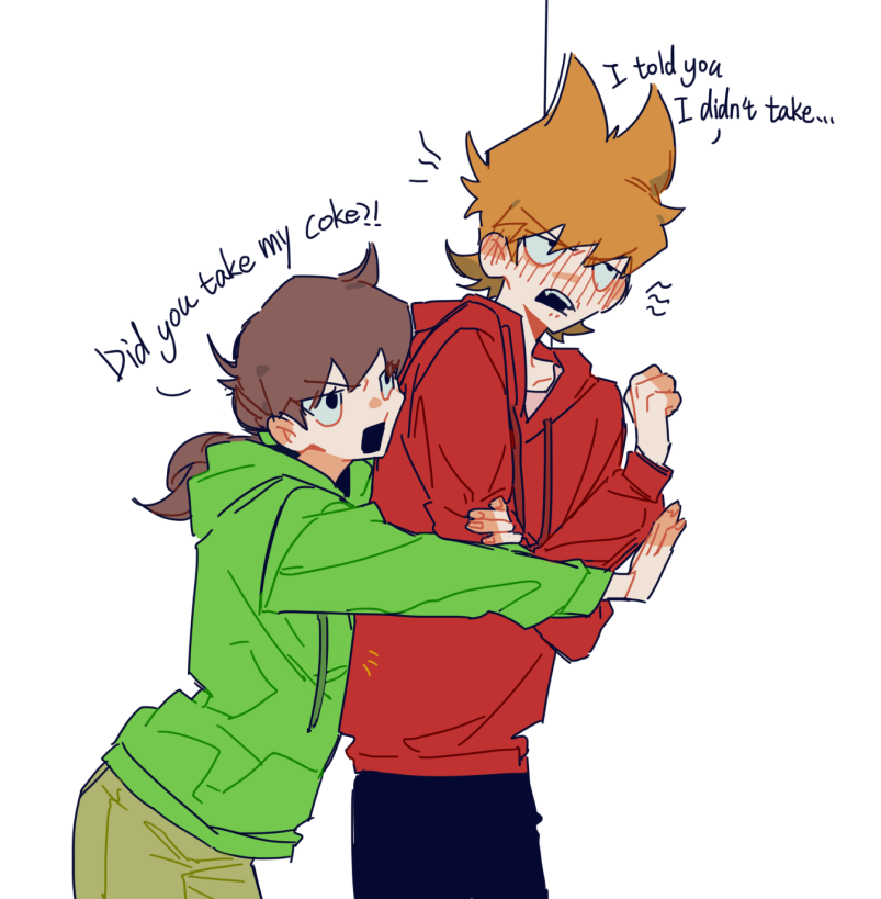 edd (eddsworld), eddsworld, chinese commentary, commentary request, 1boy, 1girl, against wall, annoyed, antenna hair, black eyes, black mouth, black pants, blush, brown hair, cowboy shot, cowlick, drawstring, ear blush, ell (eddsworld), english text, fang, fingernails, green hoodie, green pants, hair between eyes, hair horns, hair tie, hand on another's arm, height difference, hood, hood down, hoodie, hug, hug from behind, looking at another, looking up, low ponytail, medium hair, nose blush, open mouth, pants, pink shirt, ponytail, red hoodie, shirt, short hair, simple background, standing, swept bangs, teeth, tord (eddsworld), upper teeth only, v-shaped eyebrows, very short hair, white background, xic94
