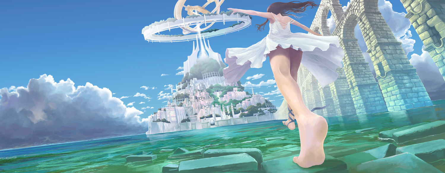 hiraoka masamune, original, barefoot, brown hair, city, cloud, day, dirty, dirty feet, dress, feet, from below, ribbon, scenery, sky, soles, solo, upskirt, water
