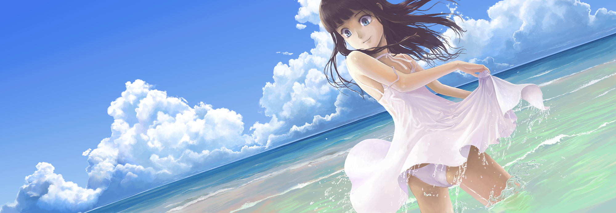hiraoka masamune, original, highres, long image, wide image, 1girl, ass, beach, blue eyes, brown hair, clothes lift, day, dress, dress lift, dutch angle, female focus, long hair, looking back, ocean, outdoors, panties, solo, splashing, strap slip, underwear, wading, water, white dress, white panties