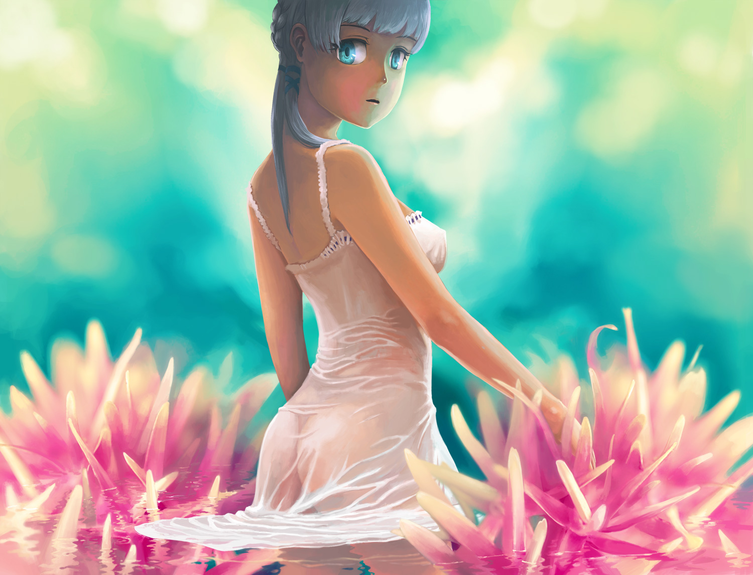 hiraoka masamune, original, bad id, bad pixiv id, 1girl, ass, blue eyes, blue hair, breasts, dress, female focus, hair ribbon, matching hair/eyes, ribbon, see-through clothes, solo, twintails, water, wet, wet clothes