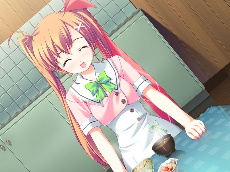 takoyaki (roast), mikagami saori, backstage (tjr), game cg, non-web source, 1girl, backstage, blush, bow, brown hair, closed eyes, dutch angle, female focus, food, hair ornament, hair ribbon, hairclip, long hair, ribbon, school uniform, solo, twintails