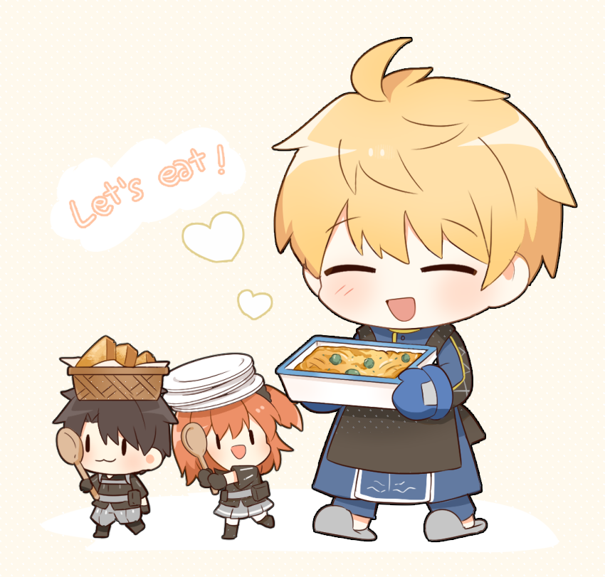 rabi (swordofthestone), arthur pendragon (fate), fujimaru ritsuka (female), fujimaru ritsuka (female) (polar chaldea uniform), fujimaru ritsuka (male), fujimaru ritsuka (male) (polar chaldea uniform), fate/grand order, fate (series), 1girl, 2boys, ahoge, apron, baggy pants, basket, black apron, black boots, black eyes, black gloves, black hair, black jacket, black shirt, blonde hair, blue gloves, blue pants, blue robe, blush, boots, bread, bread slice, chibi, chibi only, closed eyes, english text, food, gloves, grey pants, grey skirt, grey slippers, hair between eyes, hair ornament, hands up, heart, holding, holding spoon, holding tray, jacket, long sleeves, looking at another, multiple boys, one side up, open mouth, orange hair, pants, plate, pleated skirt, pocket, robe, shadow, shirt, short hair, short sleeves, simple background, skirt, slippers, smile, spoon, tray, yellow background
