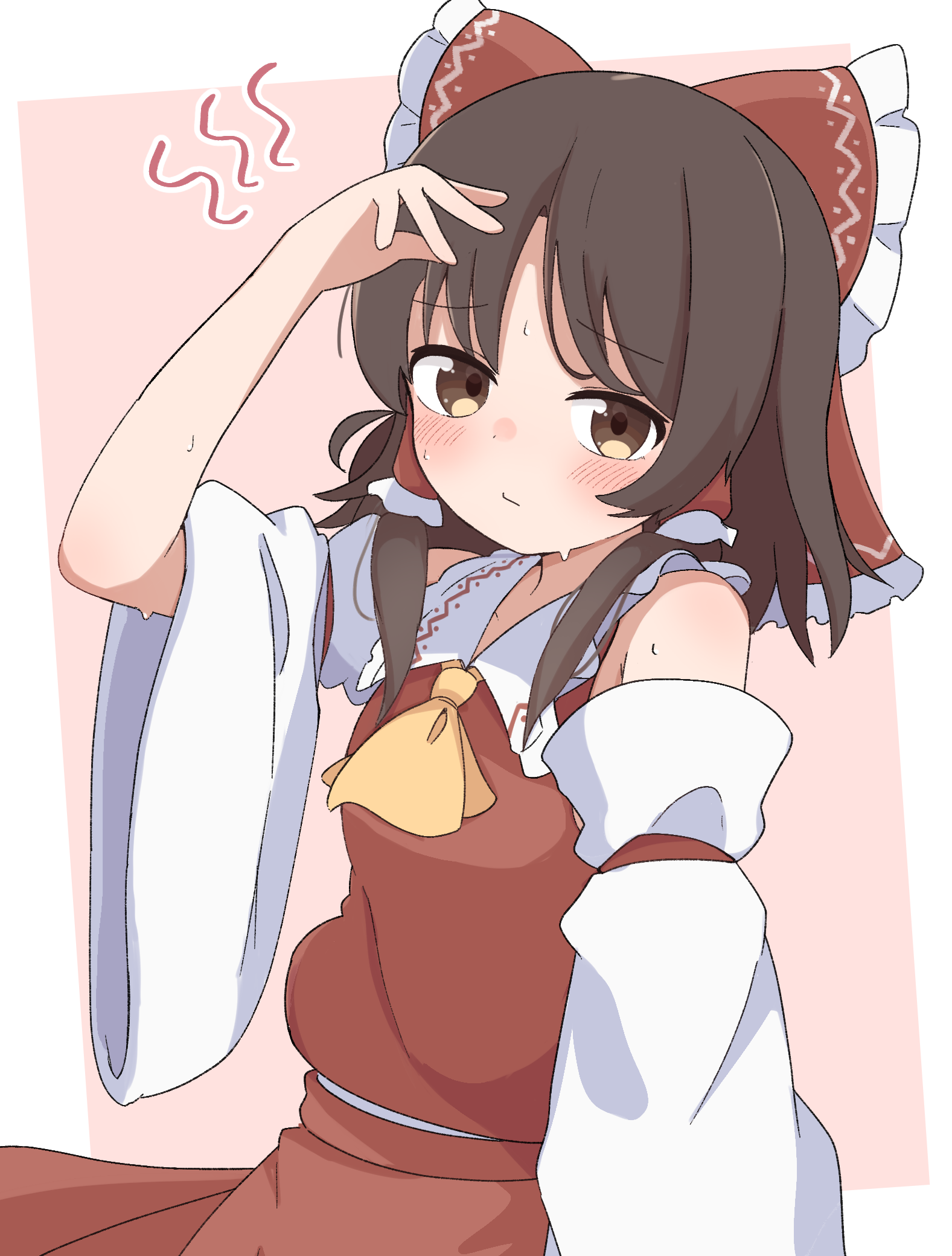haya s2, hakurei reimu, touhou, commentary request, highres, 1girl, ascot, bow, brown eyes, brown hair, closed mouth, detached sleeves, frilled bow, frilled hair tubes, frills, hair bow, hair tubes, long hair, looking at viewer, red bow, red skirt, skirt, skirt set, solo, sweat, yellow ascot