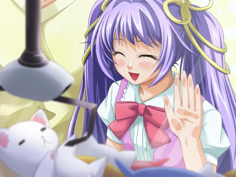 bomi, samayou mitama ni yasuragi no toki wo, game cg, jpeg artifacts, non-web source, 1girl, blurry, blush, cat, closed eyes, depth of field, female focus, glass, happy, long hair, purple hair, smile, solo, stuffed animal, stuffed cat, stuffed toy, twintails