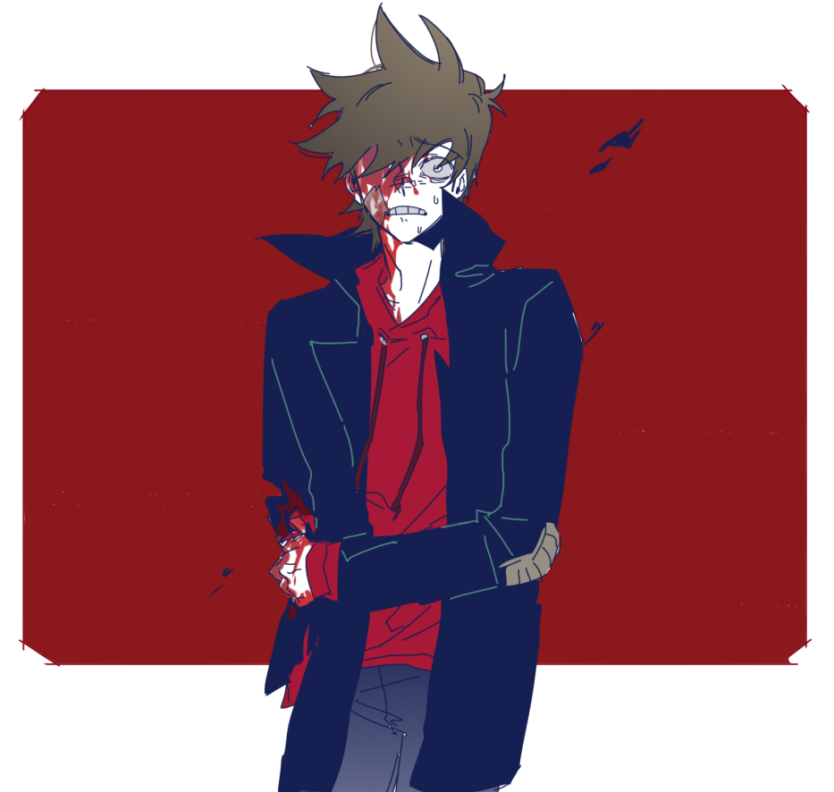 eddsworld, chinese commentary, commentary request, spoilers, 1boy, amputee, antenna hair, black coat, blood, blood from forehead, blood on arm, blood on hands, border, brown hair, clenched teeth, coat, collarbone, collared coat, drawstring, grey pants, hair behind ear, hair between eyes, hood, hood down, hoodie, male focus, official alternate eye color, open clothes, open coat, outside border, pants, red background, red hoodie, short hair, simple background, standing, sweat, swept bangs, teeth, tord (eddsworld), very short hair, white border, white eyes, xic94