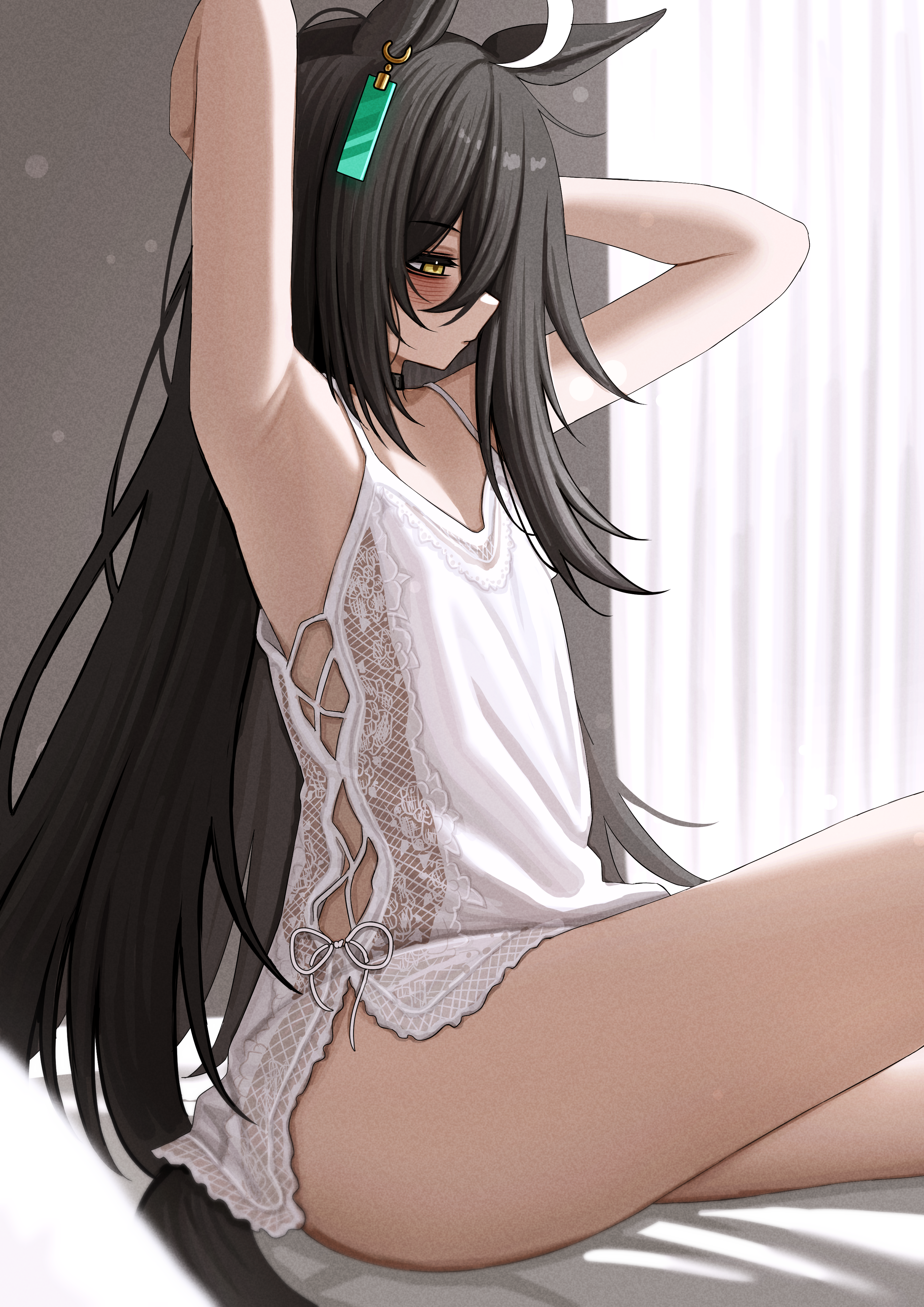 lobsteranian, manhattan cafe (umamusume), umamusume, absurdres, commentary, highres, paid reward available, 1girl, ahoge, animal ears, armpits, arms up, bags under eyes, black hair, closed mouth, dress, ear tag, flat chest, from side, horse ears, horse girl, horse tail, long hair, sitting, solo, tail, white dress, yellow eyes