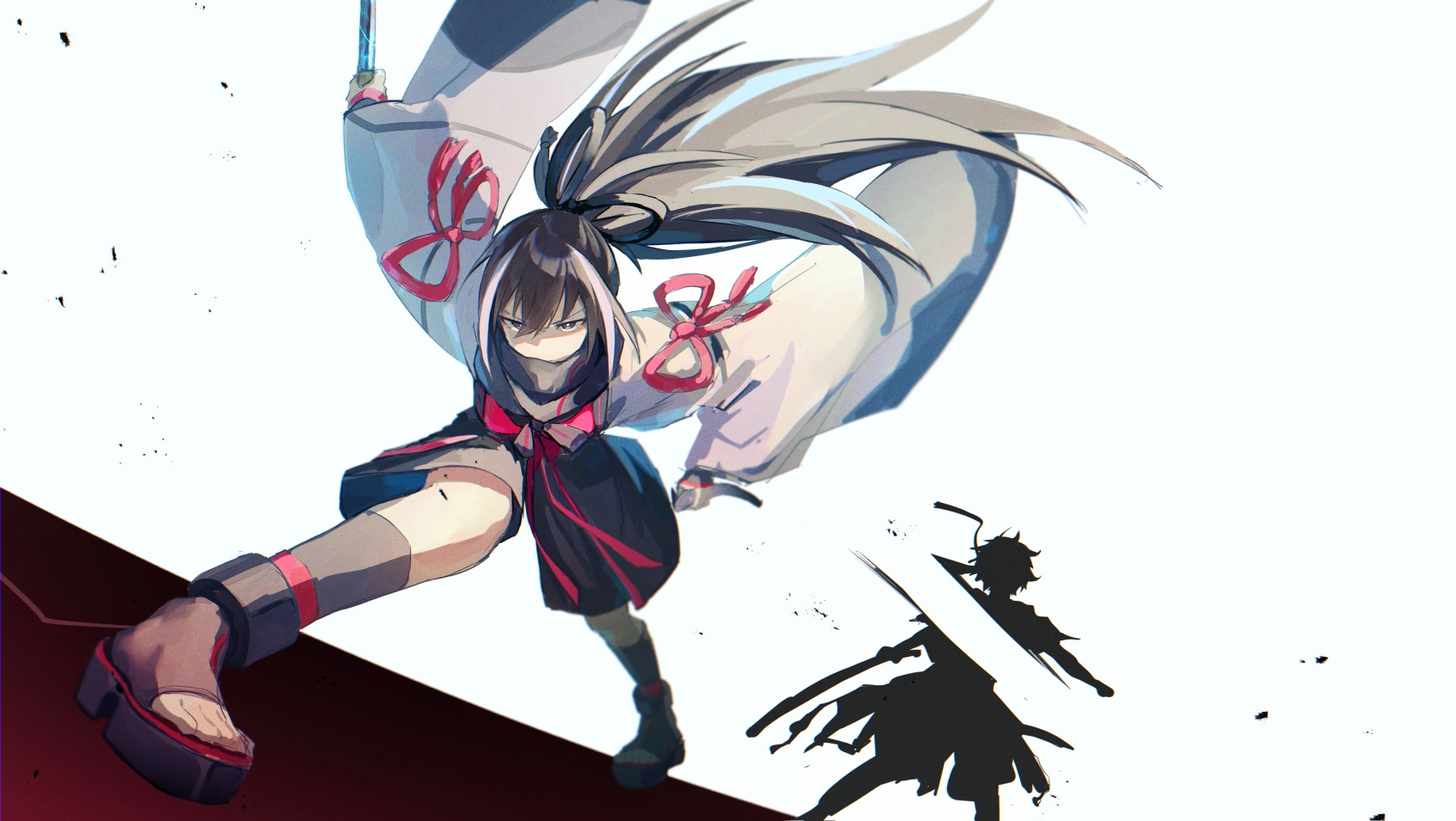 yuuta roo, kawakami gensai (fate), fate/grand order, fate (series), highres, 1boy, 1girl, black eyes, black hair, holding, holding sheath, holding sword, holding weapon, japanese clothes, long hair, multicolored hair, platform sandals, ponytail, sandals, scarf, sheath, silhouette, sword, toudou heisuke (fate), weapon, white hair