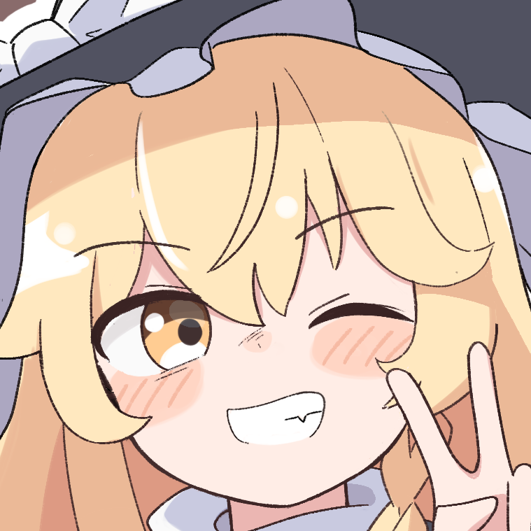 haya s2, kirisame marisa, touhou, commentary request, 1girl, black hat, blonde hair, blush, bow, braid, grin, hat, hat bow, looking at viewer, one eye closed, side braid, single braid, smile, solo, v, white bow, witch hat, yellow eyes