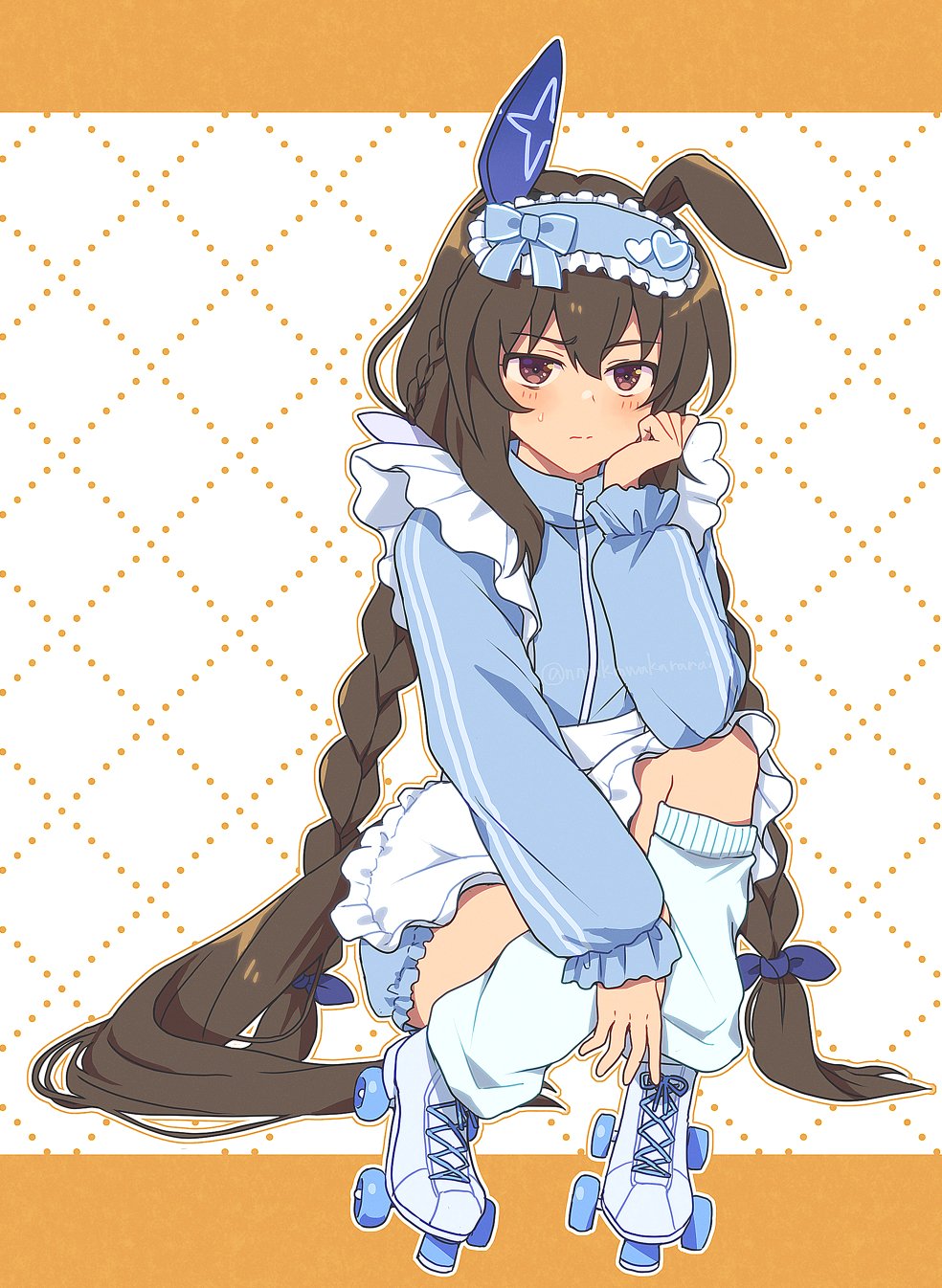 nnmkmwakaranai, admire vega (umamusume), umamusume, highres, 1girl, alternate costume, animal ears, apron, blue jacket, blue shorts, blush, braid, breasts, brown hair, closed mouth, ear covers, frilled apron, frills, hair between eyes, head rest, horse ears, horse girl, horse tail, jacket, jersey maid, leg warmers, long hair, long sleeves, looking at viewer, loose socks, maid, maid apron, mask, mask on head, purple eyes, roller skates, shorts, single ear cover, skates, sleep mask, socks, solo, sweatdrop, tail, track jacket, twin braids, twintails, unconventional maid, very long hair, waist apron, white apron, white leg warmers