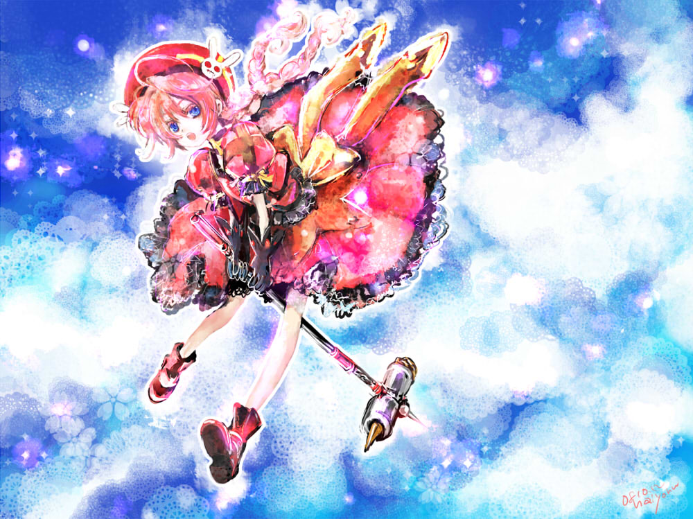 hai yoru, graf eisen, vita (nanoha), lyrical nanoha, mahou shoujo lyrical nanoha, mahou shoujo lyrical nanoha a's, 00s, 1girl, :o, blush, cloud, cloudy sky, female focus, full body, long hair, looking at viewer, parted lips, pink hair, rod, short hair, sky, solo, staff, standing, war hammer, weapon