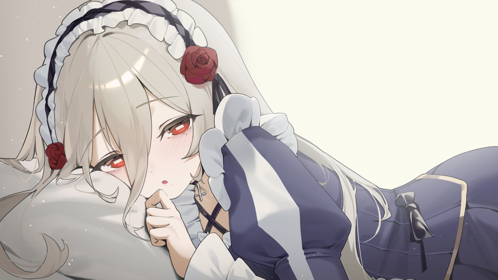 michelan, yacocomilk, indie virtual youtuber, highres, 1girl, :o, black hairband, blue dress, bright pupils, brown hair, cross, dress, flower, frilled dress, frilled hairband, frills, hair between eyes, hairband, light blush, long hair, long sleeves, looking at viewer, lying, maid, maid headdress, open mouth, pillow, rectangular pupils, red eyes, red flower, red rose, rose, solo, two-tone dress, virtual youtuber, white dress, white pupils