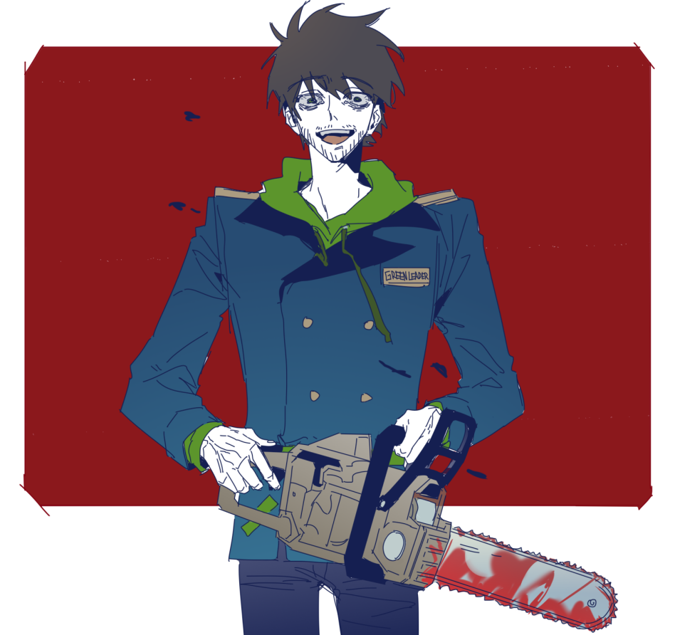 edd (eddsworld), eddsworld, chinese commentary, commentary request, 1boy, :d, antenna hair, black eyes, blue jacket, border, brown hair, buttons, chainsaw, clothes writing, cosplay, cowboy shot, double-breasted, drawstring, english text, facial hair, fingernails, future edd (eddsworld), future tord (eddsworld), future tord (eddsworld) (cosplay), green hoodie, grey pants, hair between eyes, holding, holding chainsaw, hood, hood down, hoodie, jacket, layered sleeves, long sleeves, male focus, open mouth, outside border, pants, red background, short hair, simple background, smile, solo, standing, straight-on, swept bangs, teeth, tongue, tord (eddsworld), tord (eddsworld) (cosplay), upper teeth only, very short hair, white border, wide-eyed, xic94
