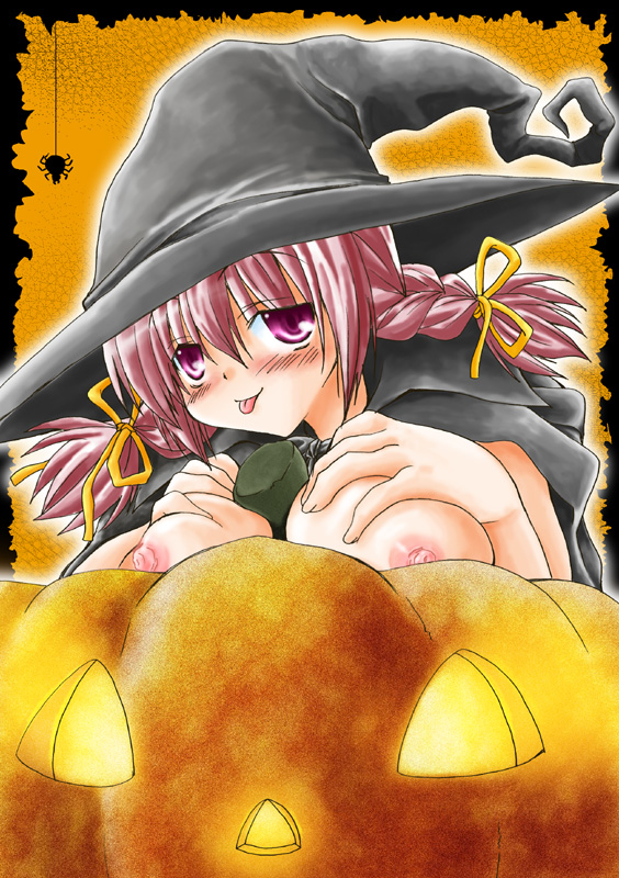 takaha momo, original, bad id, bad pixiv id, :p, between breasts, breasts, cape, hair ribbon, hat, jack-o'-lantern, large breasts, nipples, pumpkin, red eyes, red hair, ribbon, solo, tongue, tongue out, twintails, witch hat