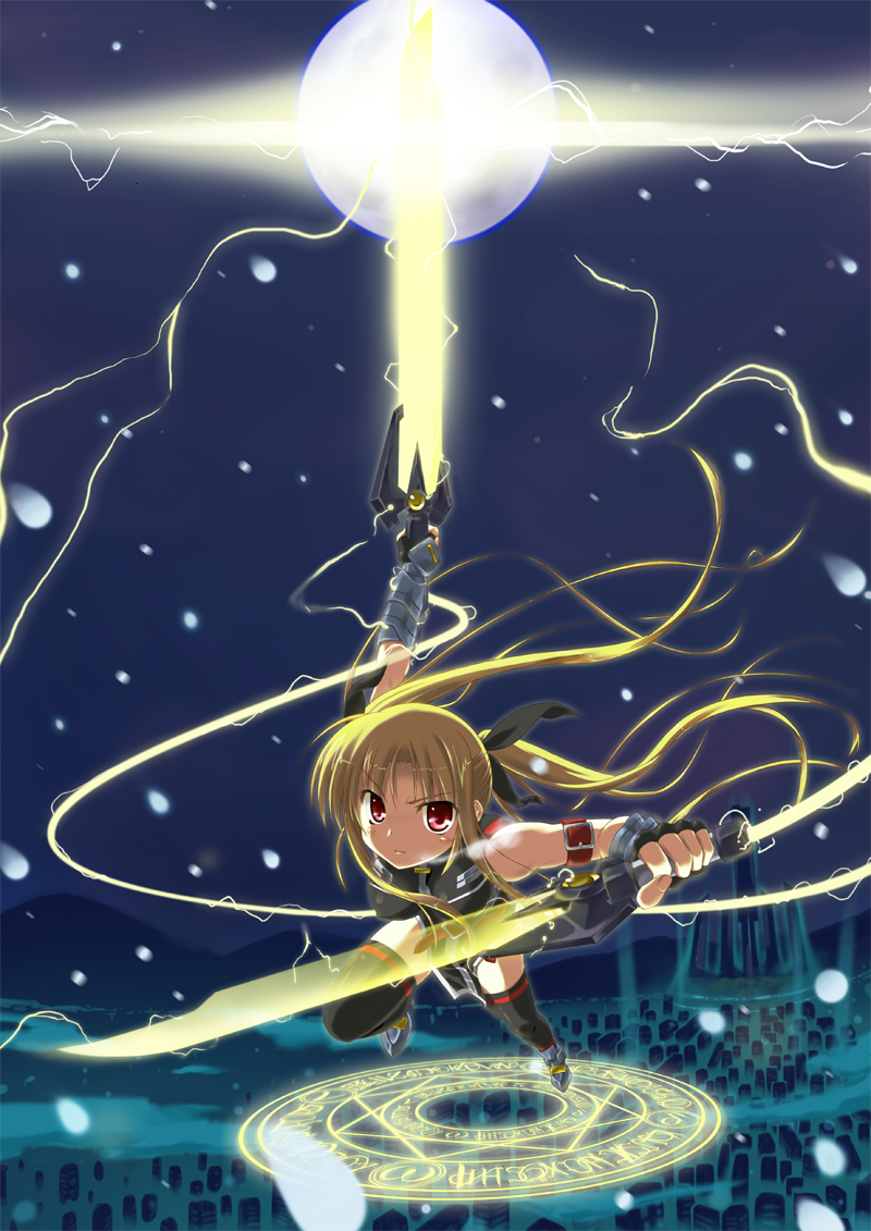 t-ray, bardiche (nanoha), bardiche (riot zanber stinger) (nanoha), fate testarossa, fate testarossa (true sonic form), lyrical nanoha, mahou shoujo lyrical nanoha, mahou shoujo lyrical nanoha strikers, 00s, 1girl, blonde hair, energy sword, female focus, magic circle, octagram, solo, sword, twintails, weapon