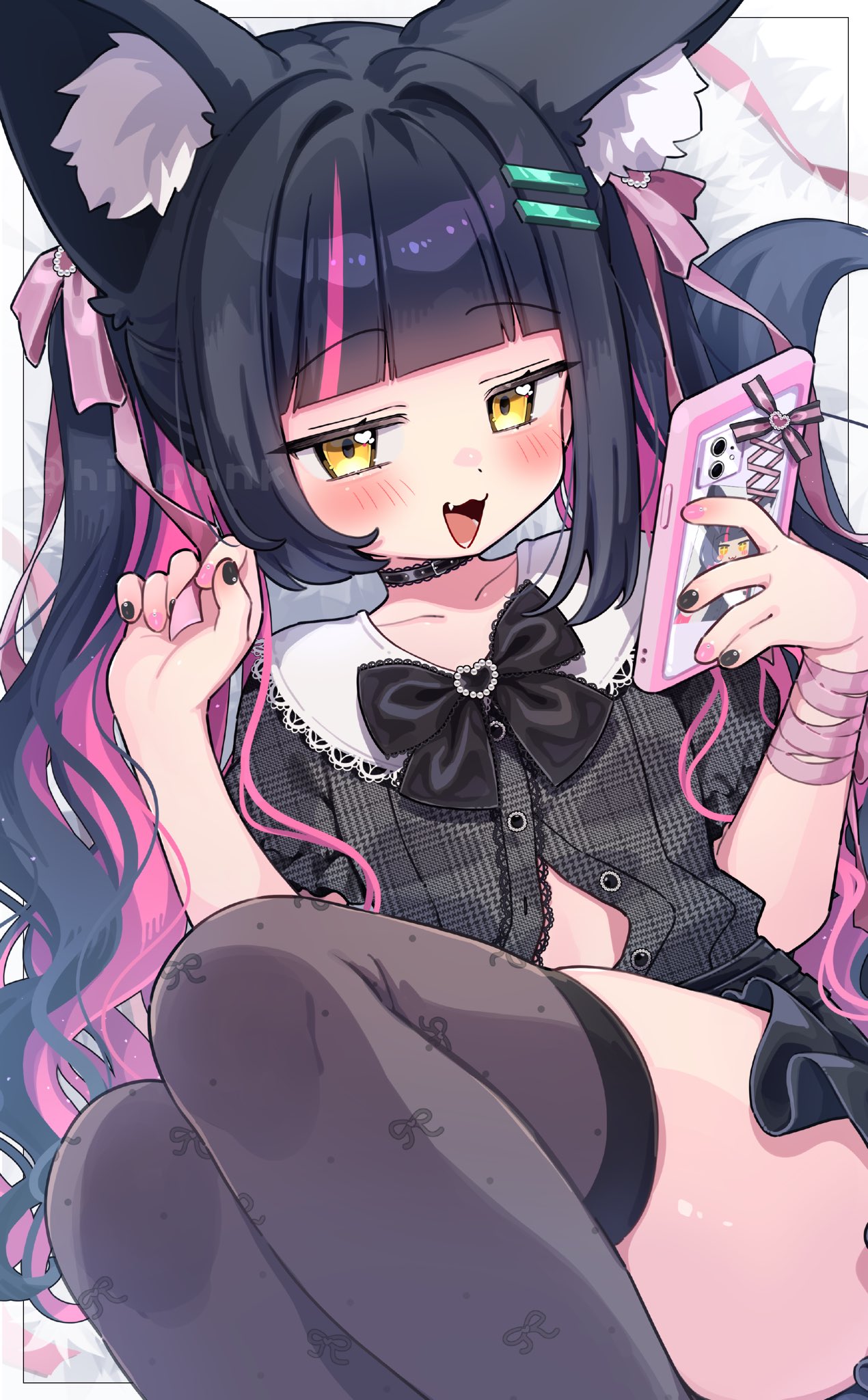 trente, hino hinoki, indie virtual youtuber, commentary request, commission, highres, second-party source, skeb commission, 1girl, animal ear fluff, animal ears, bandaged arm, bandages, black bow, black bowtie, black choker, black nails, black shirt, black skirt, black thighhighs, blue hair, bow, bowtie, cellphone, choker, flat chest, fox ears, fox girl, fox tail, hair ornament, hair ribbon, hairclip, heart, heart in eye, holding, holding phone, looking at viewer, multicolored hair, multicolored nails, open mouth, partially unbuttoned, phone, pink hair, pink nails, pink ribbon, ribbon, shirt, skindentation, skirt, smartphone, smile, solo, symbol in eye, tail, thighhighs, twintails, two-tone hair, virtual youtuber, yellow eyes
