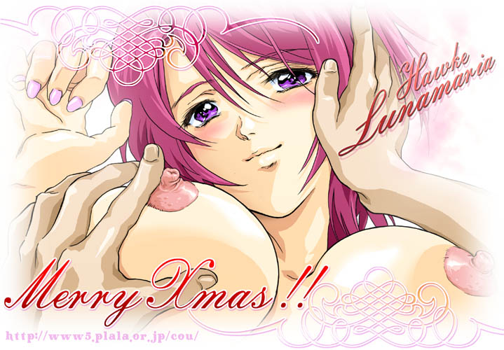nolia, lunamaria hawke, gundam, gundam seed, gundam seed destiny, 00s, 1girl, blush, breasts, christmas, grabbing another's breast, groping, large breasts, nipples, purple eyes, red hair, short hair