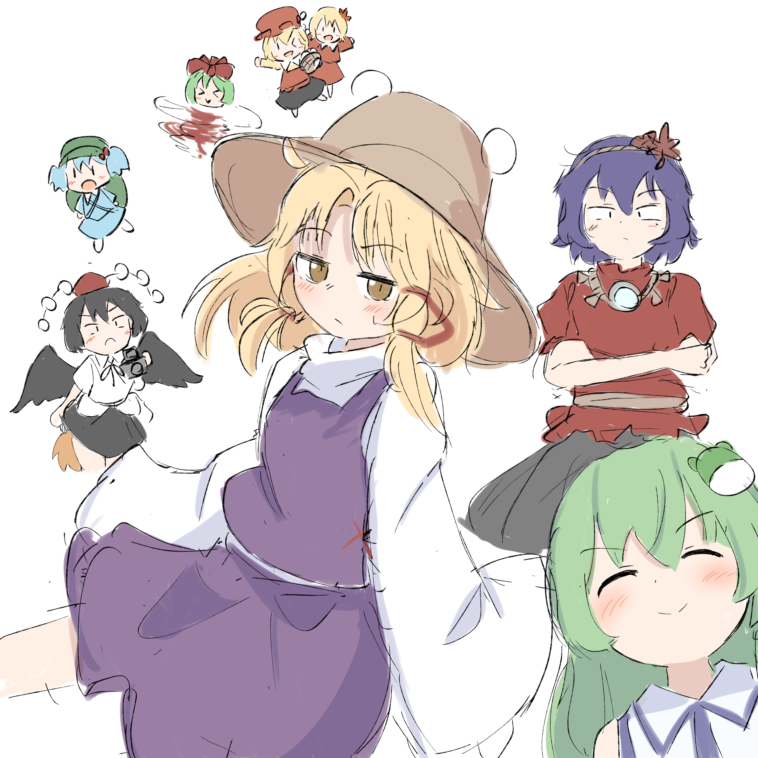 haya s2, aki minoriko, aki shizuha, kagiyama hina, kawashiro nitori, kochiya sanae, moriya suwako, shameimaru aya, yasaka kanako, mountain of faith, touhou, absurdres, commentary request, highres, > <, 6+girls, backpack, bag, black hair, black skirt, black wings, blonde hair, blue hair, blush, brown hat, camera, closed mouth, crossed arms, flat cap, frog hair ornament, green bag, green hair, green hat, hair bobbles, hair ornament, hat, hauchiwa, holding, holding camera, leaf, leaf hair ornament, long hair, long sleeves, looking at viewer, maple leaf, mirror, mob cap, multiple girls, one eye closed, open mouth, orange hat, orange shirt, orange skirt, pom pom (clothes), purple hair, purple skirt, purple vest, red hat, red shirt, shirt, siblings, sisters, sketch, skirt, skirt set, smile, spinning, sweatdrop, tokin hat, two side up, vest, white skirt, wide sleeves, wings, yellow eyes, | |