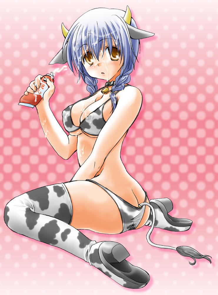 takaha momo, original, bad id, bad pixiv id, 1girl, anal beads, anal tail, animal ears, animal print, ass, bell, blue hair, boots, bra, braid, breasts, butt crack, butt plug, cow ears, cow girl, cow print, cow tail, cowbell, fake tail, female focus, hair over shoulder, horns, large breasts, lingerie, long hair, panties, sex toy, sexually suggestive, solo, tail, thigh boots, thighhighs, twin braids, underboob, underwear, underwear only, yellow eyes