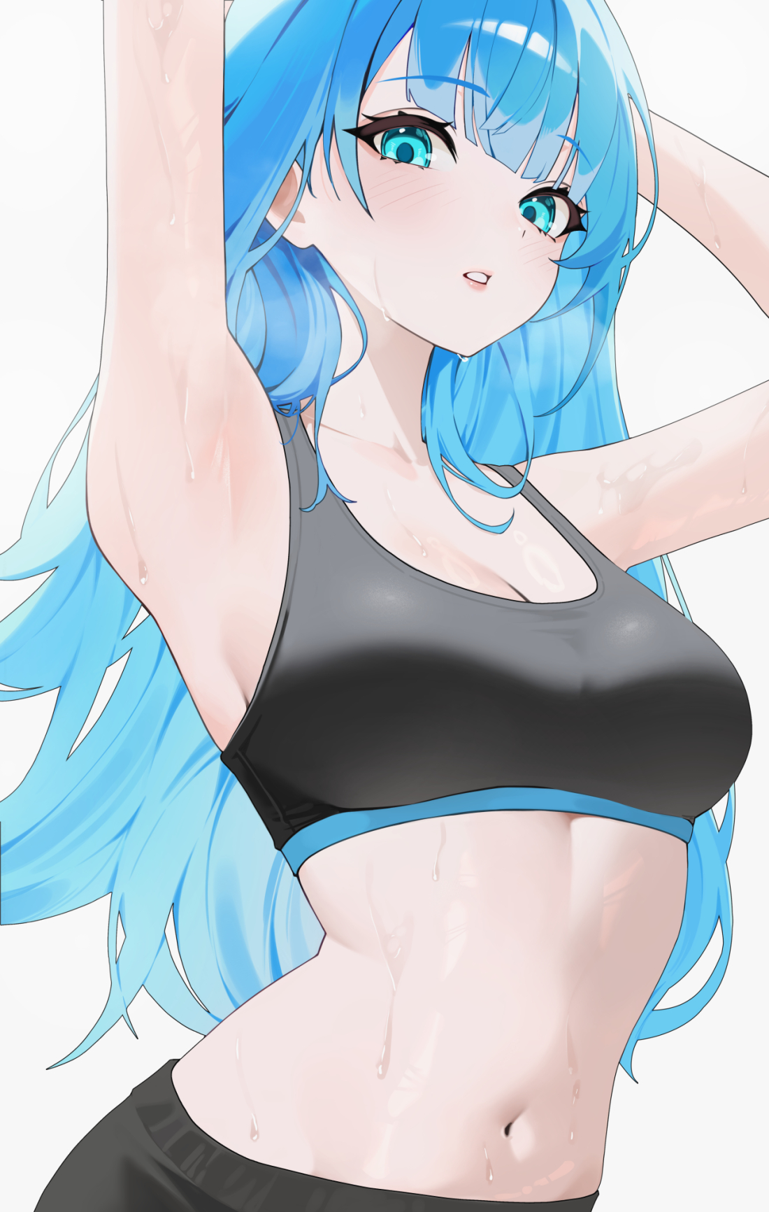 michelan, mytyl maerchen, indie virtual youtuber, highres, 1girl, armpits, arms up, bare arms, bare shoulders, black tank top, blue eyes, blue hair, blue tank top, breasts, cleavage, crop top, large breasts, light blush, long hair, looking at viewer, navel, parted lips, simple background, solo, stomach, sweat, sweatdrop, tank top, two-tone tank top, upper body, white background