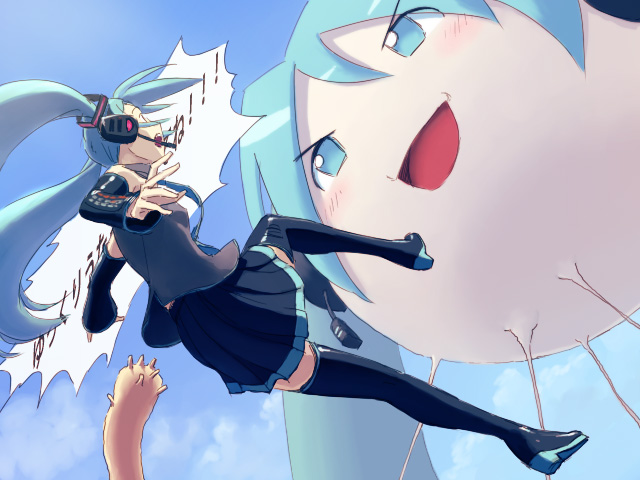 nekki, hatsune miku, vocaloid, 1girl, aqua hair, detached sleeves, female focus, headphones, microphone, necktie, skirt, solo, thighhighs, yukkuri shiteitte ne