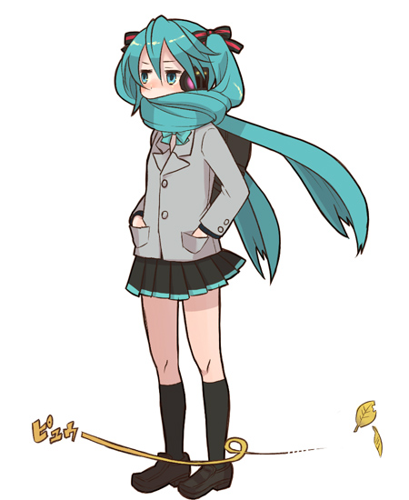 emdo (norabbit), hatsune miku, vocaloid, 1girl, alternate hairstyle, aqua eyes, aqua hair, female focus, hands in pockets, long hair, pleated skirt, scarf, skirt, solo, twintails, very long hair, wind