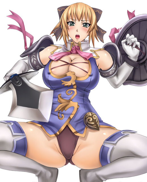 metadora, cassandra alexandra, soul calibur, soulcalibur, soulcalibur iv, 1girl, armor, bare shoulders, blonde hair, blush, boots, breasts, cleavage, cleavage cutout, clothing cutout, covered erect nipples, elbow gloves, female focus, gloves, green eyes, hair ribbon, large breasts, necktie, no pants, panties, pink necktie, ribbon, shield, simple background, solo, spread legs, sword, thigh boots, thighhighs, underwear, weapon