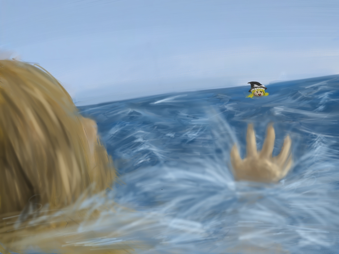 fialuxmove, kirisame marisa, cast away, touhou, bad id, bad pixiv id, tagme, 1boy, blonde hair, male focus, ocean, parody, solo, water, yukkuri shiteitte ne
