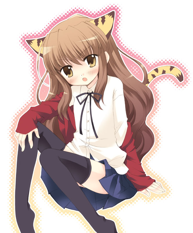 aogiri sei, aisaka taiga, toradora!, 00s, animal ears, brown eyes, brown hair, cat ears, cat tail, long hair, school uniform, solo, tail, thighhighs, zettai ryouiki
