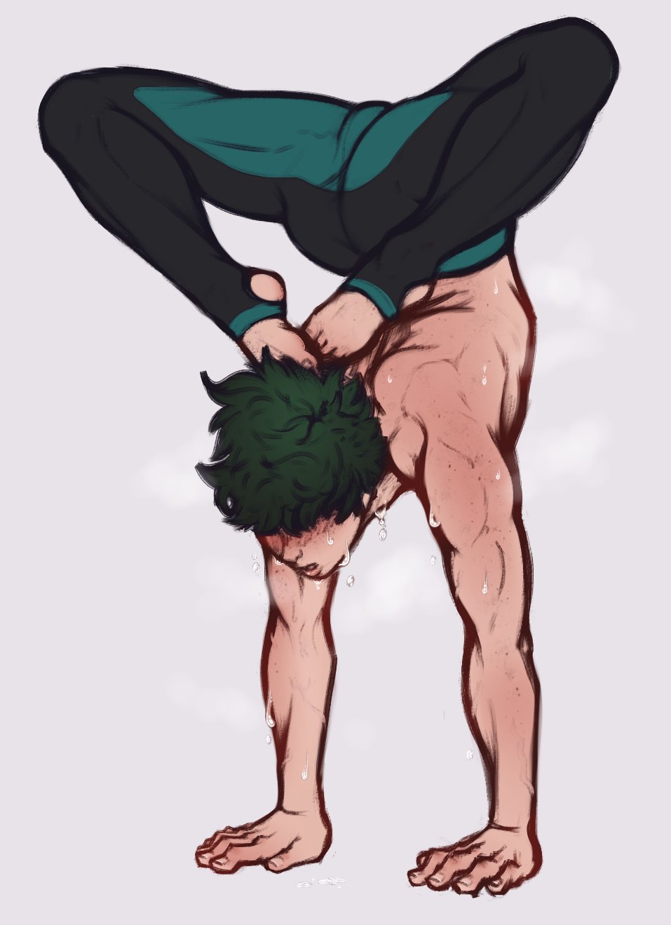midoriya izuku, boku no hero academia, archived source, bad id, bad twitter id, highres, 1boy, alternate costume, ass, back, blush, bulge, fingernails, flexible, freckles, full body, green hair, leggings, male focus, rancidscales, short hair, simple background, solo, sweat, topless male, very sweaty, white background