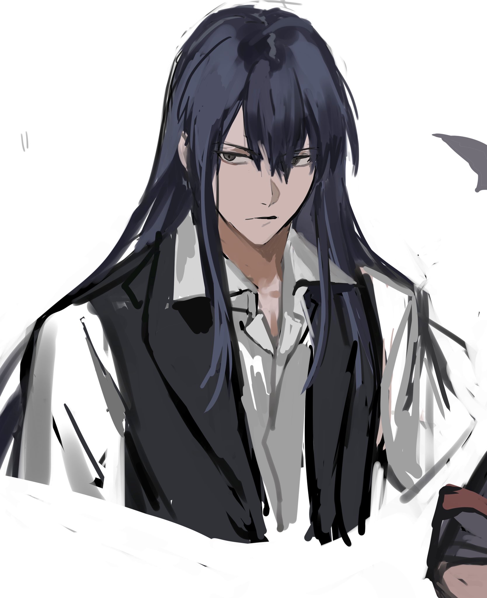 shachi ark, kanda yuu, d.gray-man, highres, 1boy, black vest, blue hair, collared shirt, frown, grey eyes, hair between eyes, hair over shoulder, long hair, looking to the side, male focus, open clothes, open vest, shirt, sidelocks, simple background, solo, vest, white background, white shirt