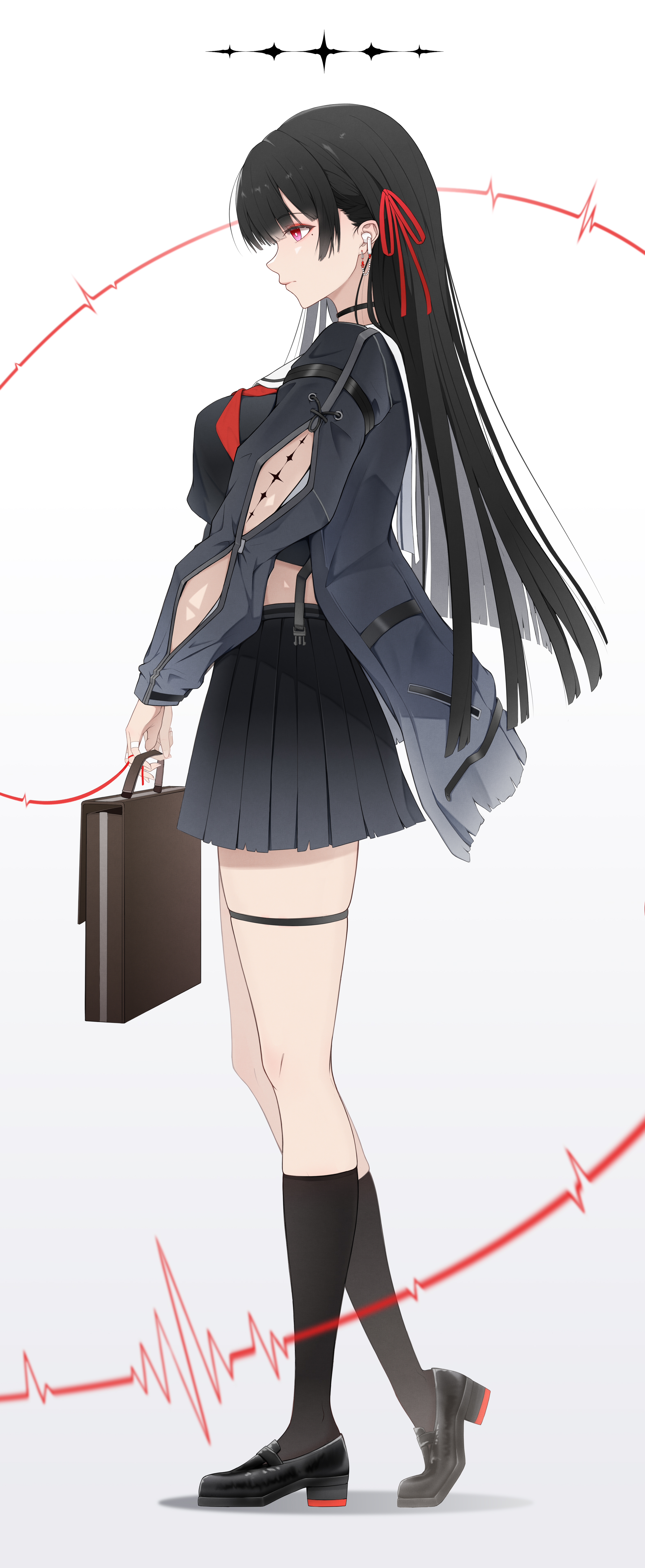 chisa (wuthering waves), wuthering waves, absurdres, commentary request, highres, 1girl, arm cutout, bag, black hair, black jacket, black shirt, black shoes, black skirt, black socks, breasts, closed mouth, clothing cutout, earbuds, earphones, from side, full body, gradient background, hair ribbon, holding, holding bag, jacket, long hair, looking ahead, medium breasts, neckerchief, profile, red eyes, red neckerchief, red ribbon, ribbon, shirt, shoes, skirt, socks, solo, tacet mark (wuthering waves), wangzi qiu laoshi, white background