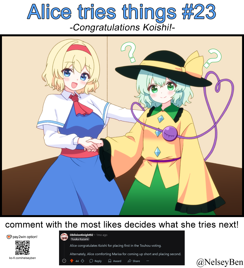 bnelsey, alice margatroid, komeiji koishi, touhou, commentary, english commentary, 2girls, ?, ??, ascot, black hat, blonde hair, blue dress, blue eyes, blush, breasts, buttons, capelet, closed mouth, collared shirt, diamond button, dress, english text, eyeball, frilled shirt collar, frilled sleeves, frills, green eyes, green hair, green skirt, hairband, handshake, hat, hat ribbon, heart, heart of string, ko-fi logo, long sleeves, looking at viewer, multiple girls, qr code, red ascot, red hairband, request inset, ribbon, screenshot inset, shirt, skirt, smile, third eye, twitter username, watermark, web address, white capelet, wide sleeves, yellow ribbon, yellow shirt