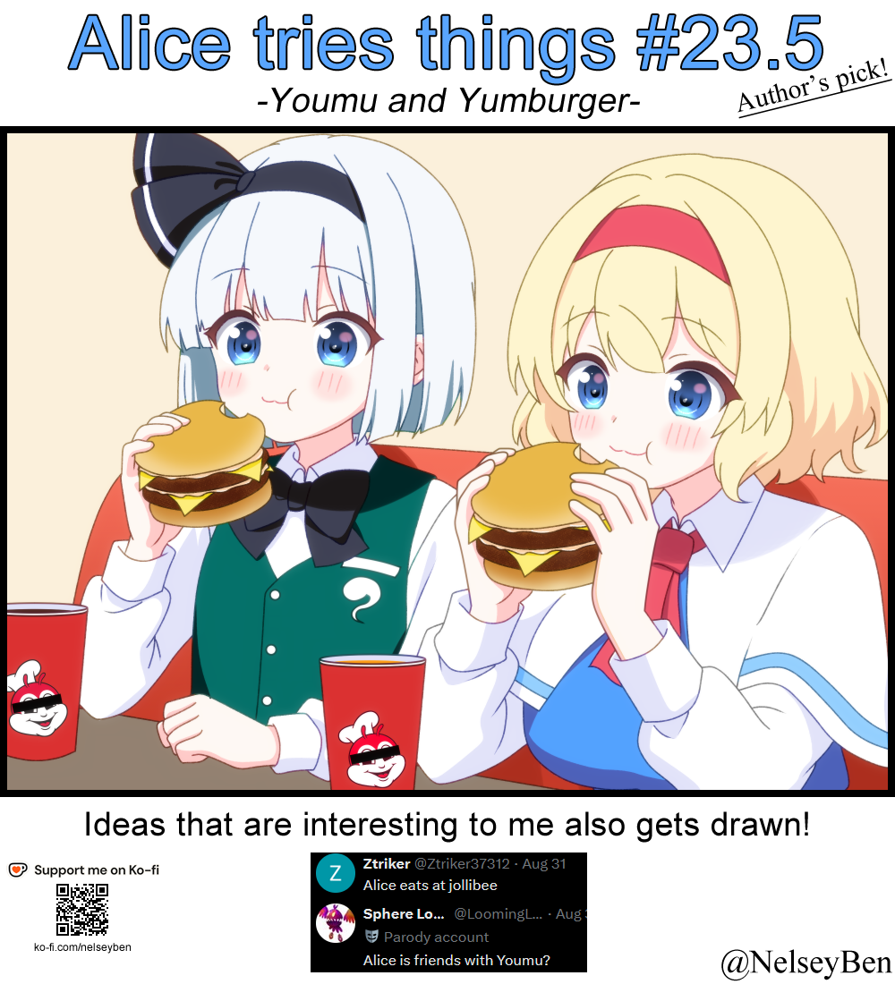 bnelsey, alice margatroid, jollibee (mascot), konpaku youmu, jollibee, touhou, commentary, english commentary, 2girls, ascot, bar censor, black bow, black bowtie, black hairband, blonde hair, blue dress, blue eyes, blush, bow, bowtie, burger, capelet, censored, censored identity, chewing, collared shirt, dress, eating, english text, food, green vest, grey hair, hairband, hitodama print, holding, holding burger, holding food, ko-fi logo, long sleeves, multiple girls, qr code, red ascot, red hairband, request inset, screenshot inset, shirt, twitter username, vest, watermark, web address, white capelet, white shirt