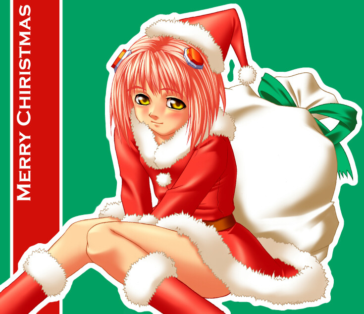 jacky (aerial rave), momo mizrahi, xenosaga, 00s, 1girl, christmas, female focus, hat, pink hair, santa costume, santa hat, simple background, solo, yellow eyes