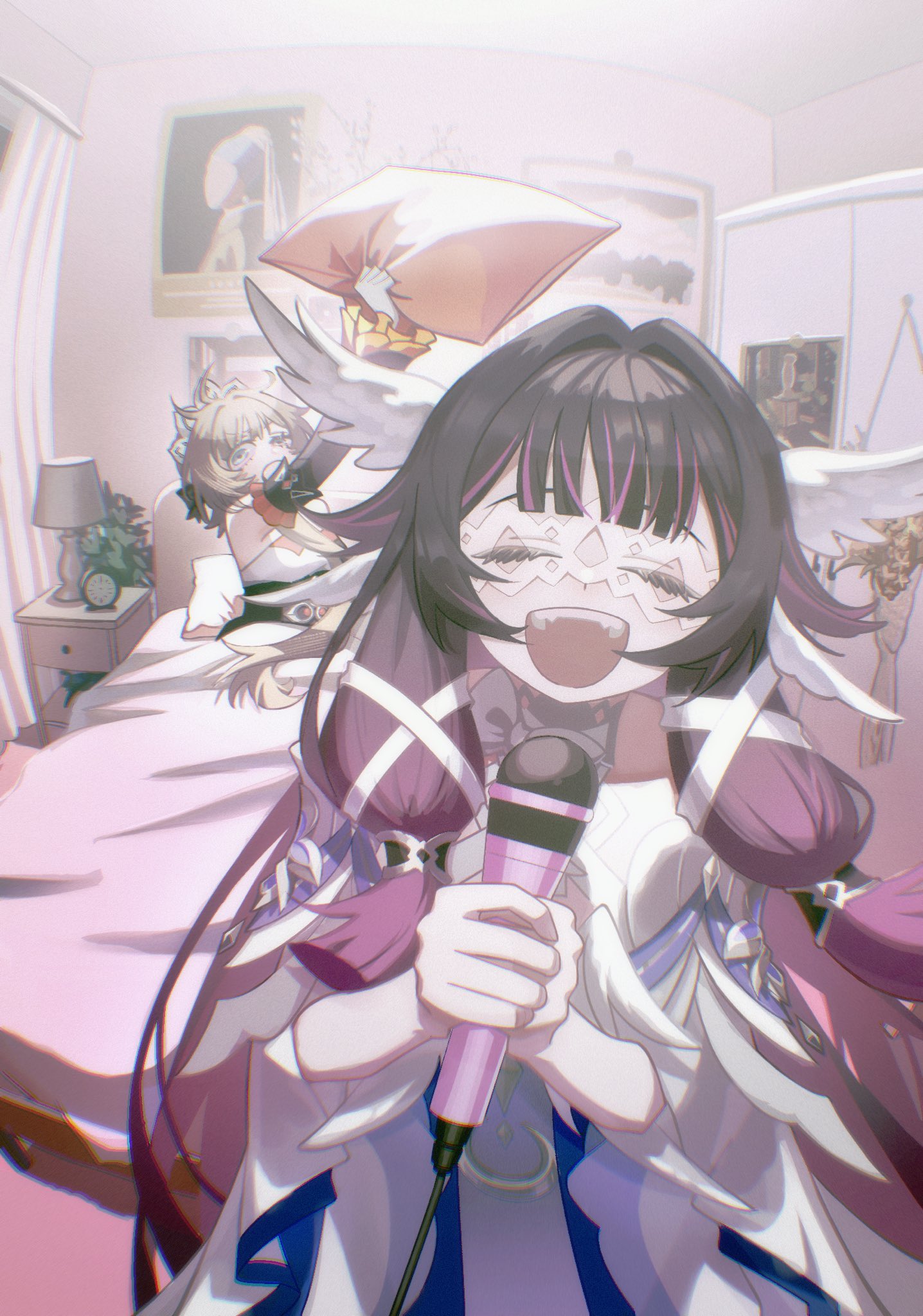 big itachi, columbina (genshin impact), sandrone (genshin impact), genshin impact, commentary, english commentary, highres, 2girls, arm up, bed, black hair, closed eyes, contemporary, detached sleeves, dress, eye mask, facing viewer, grey hair, hair intakes, half-closed eye, head wings, headdress, holding, holding microphone, holding pillow, indoors, long hair, looking at another, microphone, multicolored hair, multiple girls, multiple wings, on bed, open mouth, pillow, purple hair, sitting, teeth, two-tone hair, upper teeth only, very long hair, white headdress, white mask, wings
