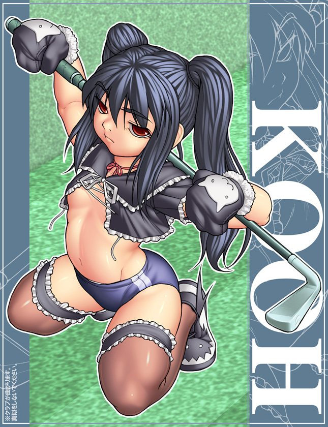jacky (aerial rave), kooh (pangya), pangya, 1girl, black hair, black mittens, breasts, buruma, female focus, flat chest, midriff, mittens, navel, red eyes, small breasts, solo, thighhighs, twintails