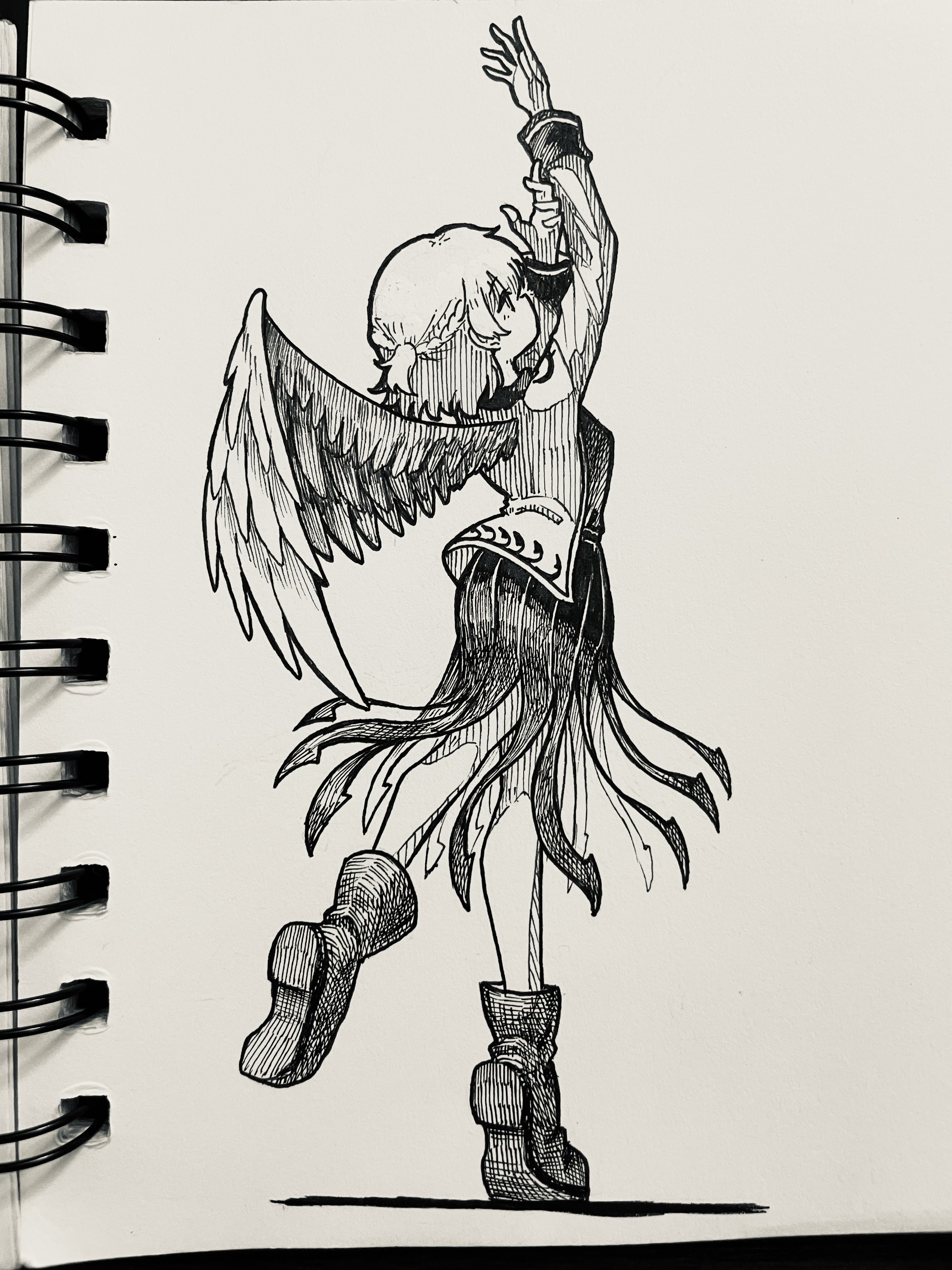 suteruko, kishin sagume, touhou, absurdres, commentary request, highres, photo (medium), traditional media, 1girl, boots, braid, feathered wings, full body, greyscale, half up braid, jacket, leg up, long sleeves, monochrome, single wing, solo, standing, standing on one leg, wings