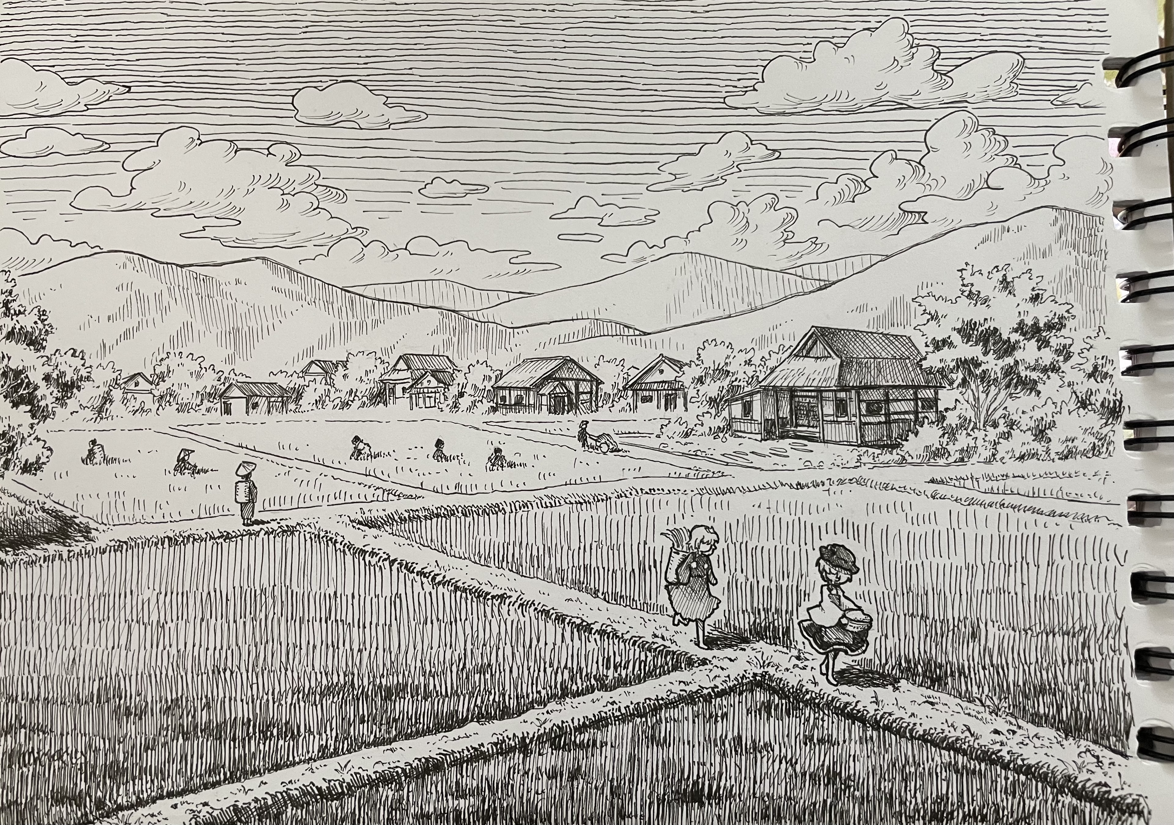 suteruko, aki minoriko, aki shizuha, touhou, absurdres, commentary request, highres, photo (medium), traditional media, 2girls, ajirogasa, basket, cloud, farming, field, greyscale, hat, house, long sleeves, mob cap, monochrome, mountainous horizon, multiple girls, outdoors, people, shirt, siblings, sisters, skirt, tree, wide sleeves