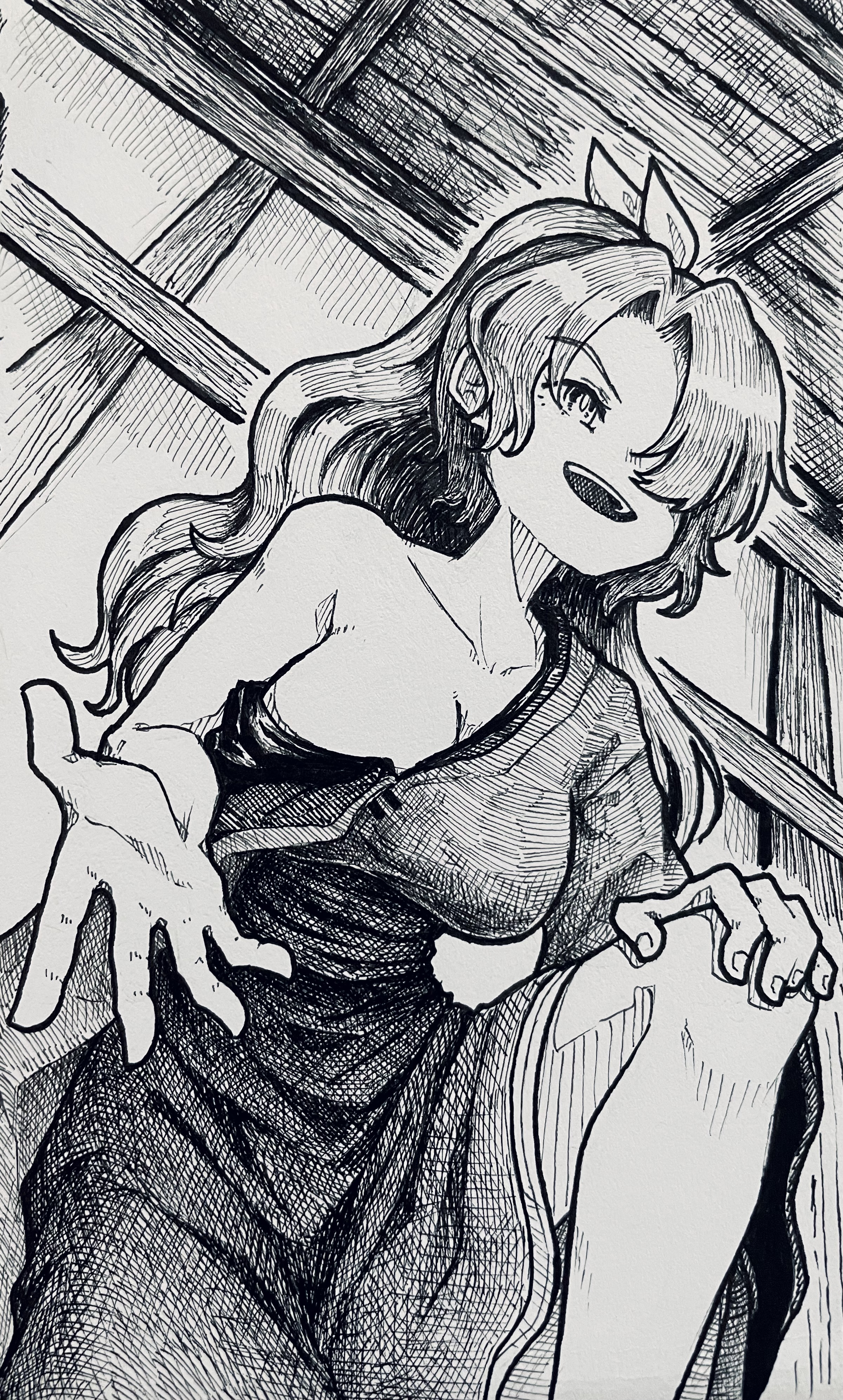 suteruko, komakusa sannyo, touhou, absurdres, commentary request, highres, traditional media, 1girl, breasts, cleavage, greyscale, hair over one eye, hair ribbon, large breasts, long hair, monochrome, open mouth, ponytail, ribbon, smile, solo
